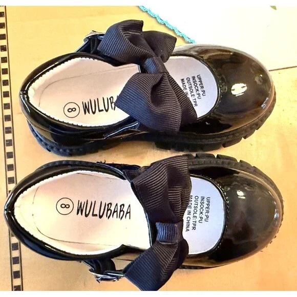 Wulubaba Toddler Girl's Size 8 Black Mary Jane Dress Shoes Classic Bow Design - Picture 2 of 5